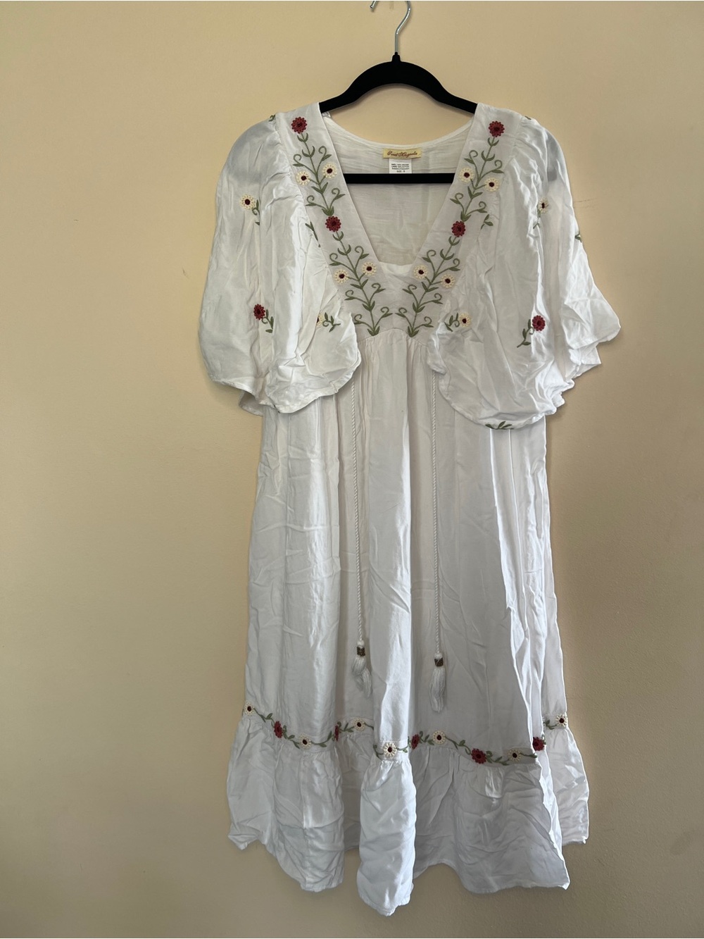 Magnolia White Midi Dress with Red and Green Floral Embroidery